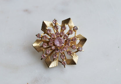 Vintage Pink Rhinestone Starburst Brooch, Gold Tone MCM Atomic Sunburst Pin, 1950s-60s Costume Jewelry Gift for Her