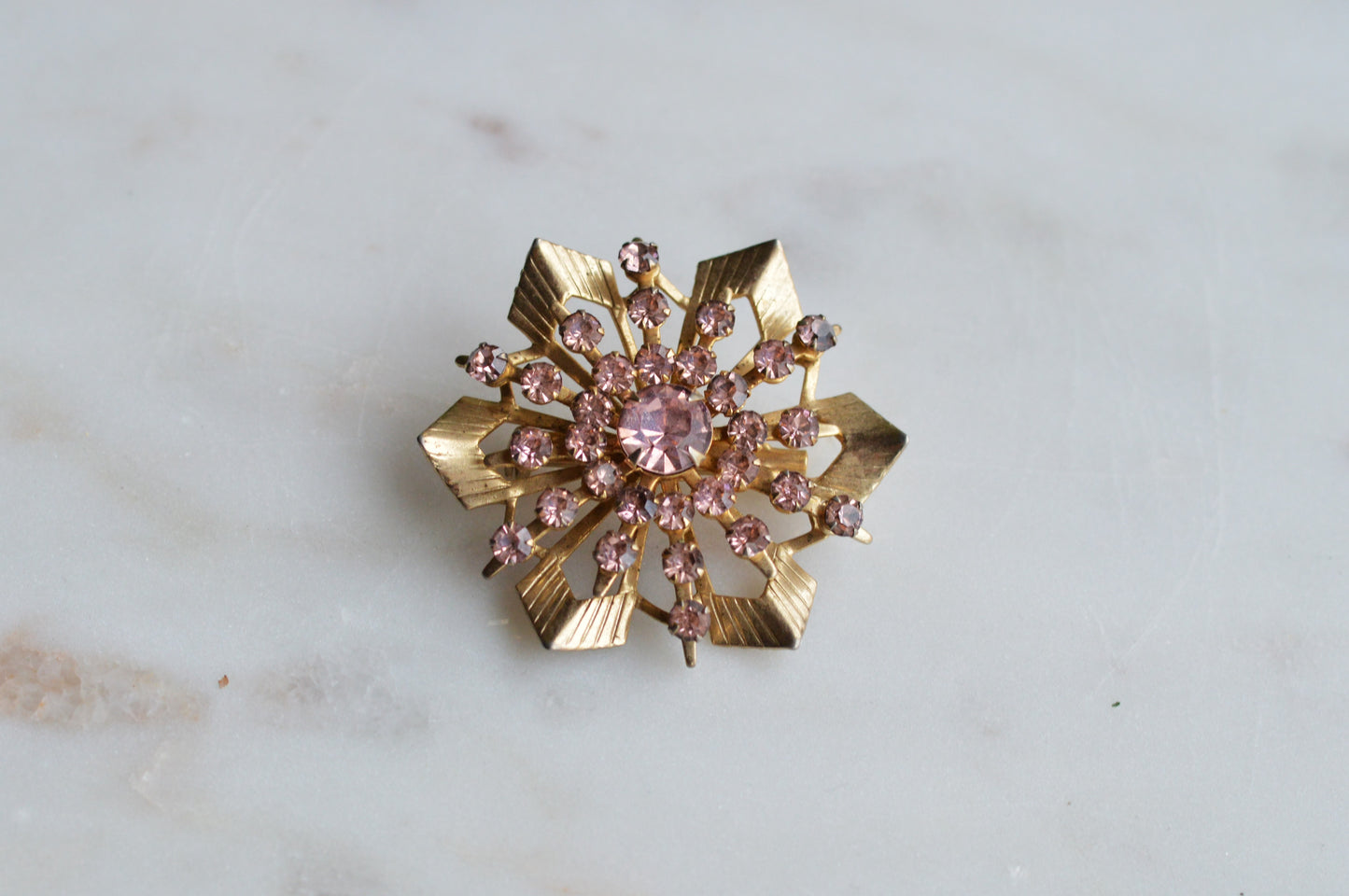 Vintage Pink Rhinestone Starburst Brooch, Gold Tone MCM Atomic Sunburst Pin, 1950s-60s Costume Jewelry Gift for Her