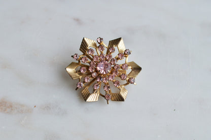 Vintage Pink Rhinestone Starburst Brooch, Gold Tone MCM Atomic Sunburst Pin, 1950s-60s Costume Jewelry Gift for Her