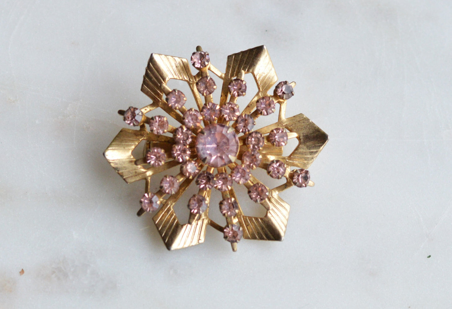 Vintage Pink Rhinestone Starburst Brooch, Gold Tone MCM Atomic Sunburst Pin, 1950s-60s Costume Jewelry Gift for Her