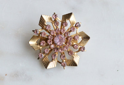 Vintage Pink Rhinestone Starburst Brooch, Gold Tone MCM Atomic Sunburst Pin, 1950s-60s Costume Jewelry Gift for Her