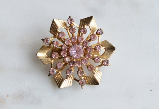 Vintage Pink Rhinestone Starburst Brooch, Gold Tone MCM Atomic Sunburst Pin, 1950s-60s Costume Jewelry Gift for Her