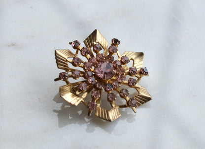 Vintage Pink Rhinestone Starburst Brooch, Gold Tone MCM Atomic Sunburst Pin, 1950s-60s Costume Jewelry Gift for Her