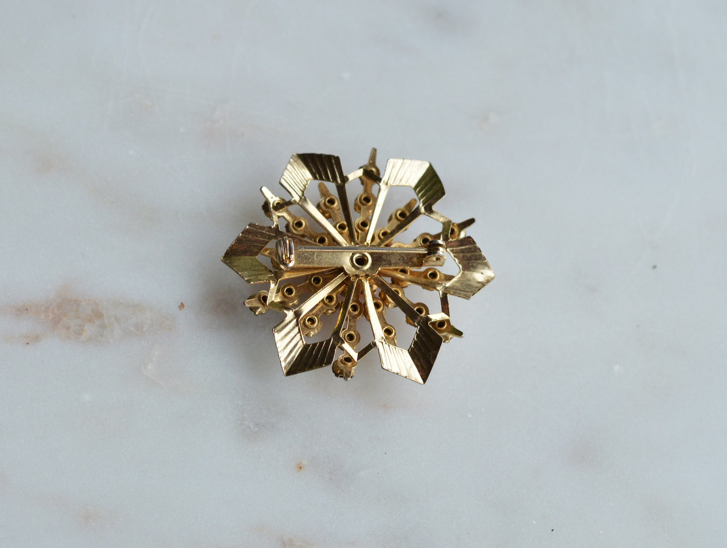 Vintage Pink Rhinestone Starburst Brooch, Gold Tone MCM Atomic Sunburst Pin, 1950s-60s Costume Jewelry Gift for Her