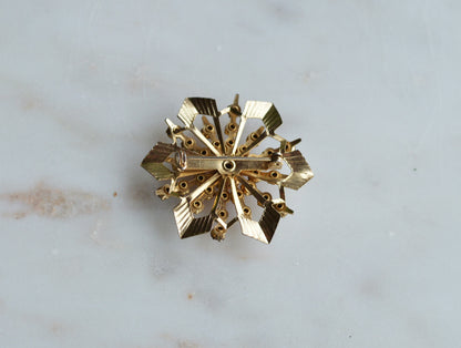 Vintage Pink Rhinestone Starburst Brooch, Gold Tone MCM Atomic Sunburst Pin, 1950s-60s Costume Jewelry Gift for Her