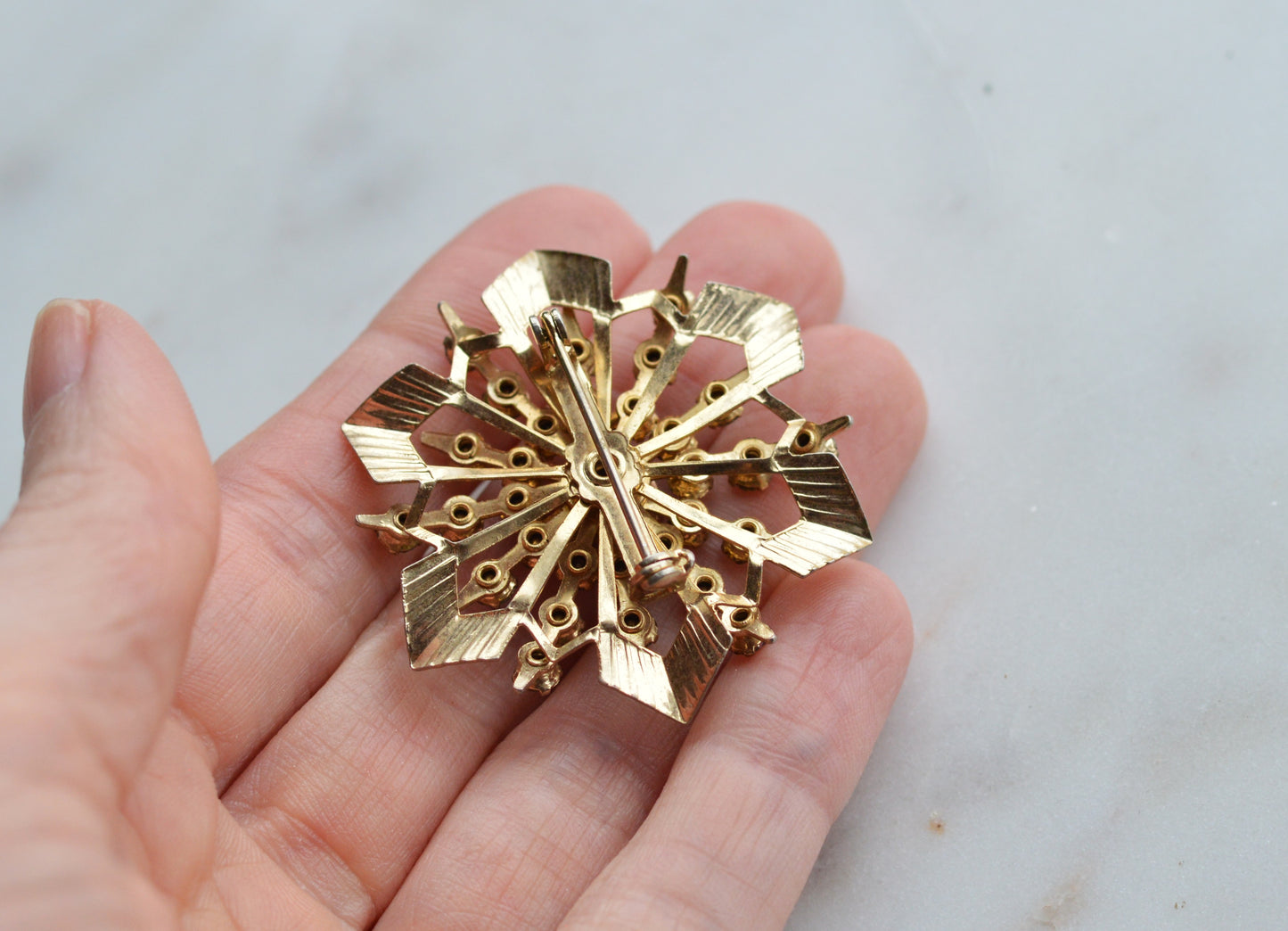 Vintage Pink Rhinestone Starburst Brooch, Gold Tone MCM Atomic Sunburst Pin, 1950s-60s Costume Jewelry Gift for Her