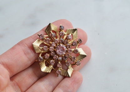 Vintage Pink Rhinestone Starburst Brooch, Gold Tone MCM Atomic Sunburst Pin, 1950s-60s Costume Jewelry Gift for Her