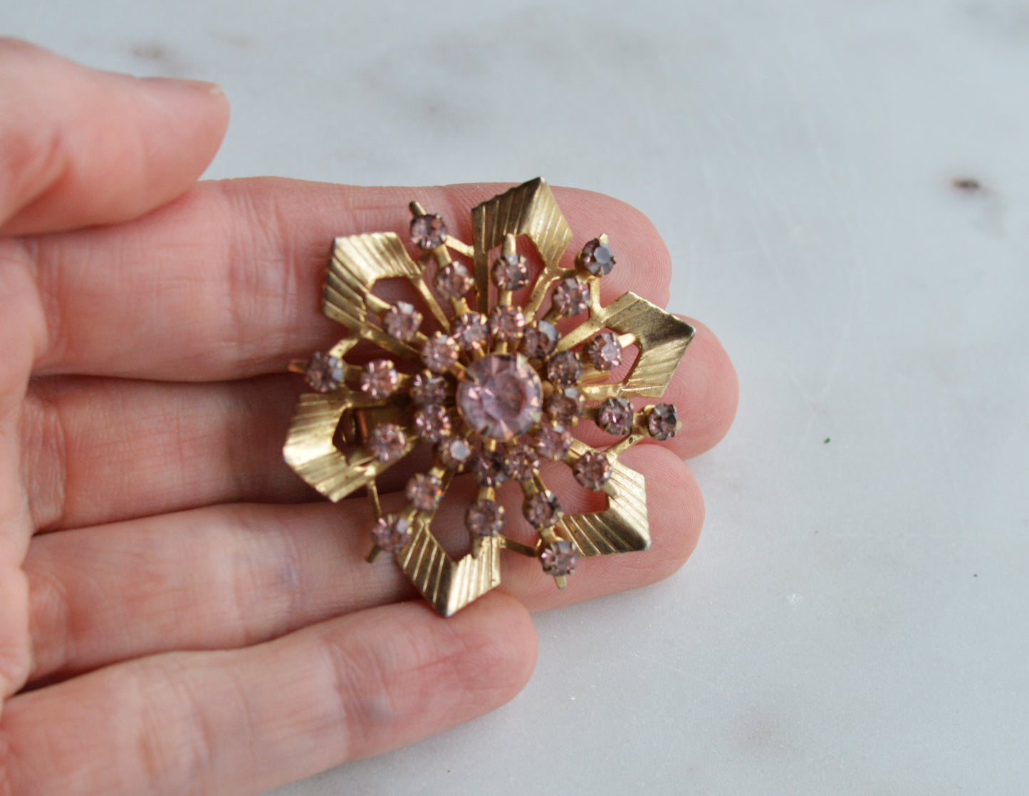 Vintage Pink Rhinestone Starburst Brooch, Gold Tone MCM Atomic Sunburst Pin, 1950s-60s Costume Jewelry Gift for Her