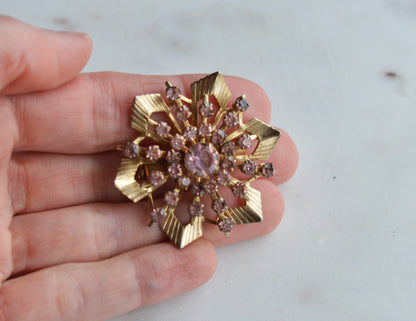 Vintage Pink Rhinestone Starburst Brooch, Gold Tone MCM Atomic Sunburst Pin, 1950s-60s Costume Jewelry Gift for Her