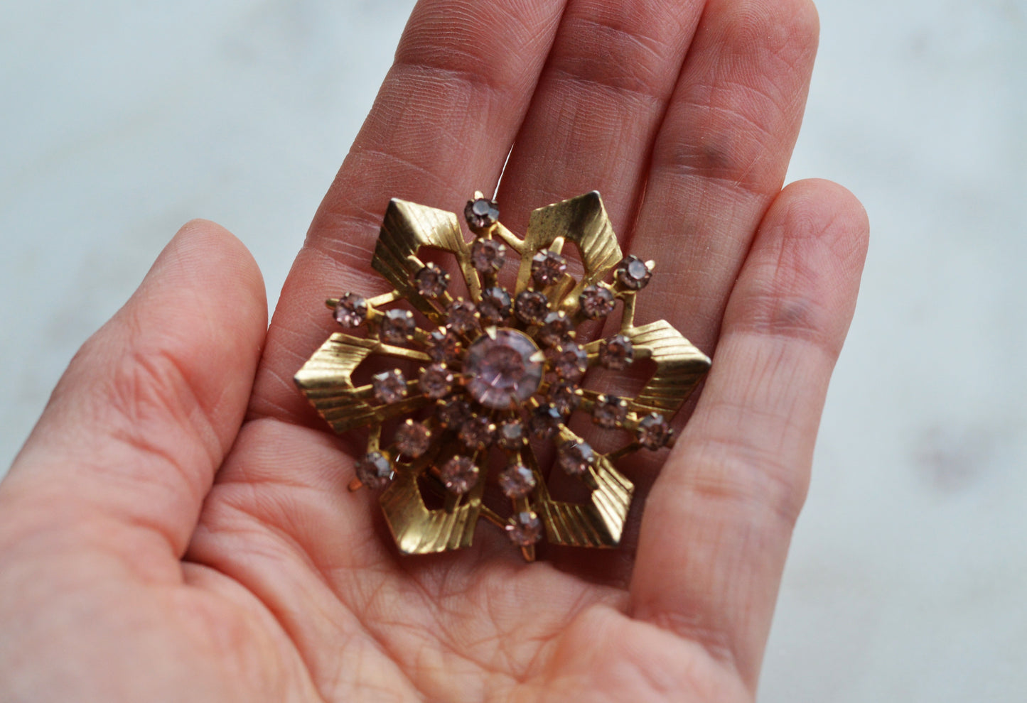 Vintage Pink Rhinestone Starburst Brooch, Gold Tone MCM Atomic Sunburst Pin, 1950s-60s Costume Jewelry Gift for Her