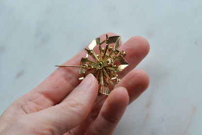 Vintage Pink Rhinestone Starburst Brooch, Gold Tone MCM Atomic Sunburst Pin, 1950s-60s Costume Jewelry Gift for Her