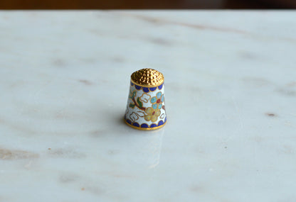 Vintage Chinese Cloisonné Enamel Thimble - Blue & Yellow Floral Design on White, Gold Tone Top, Collectible Sewing Notion