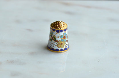 Vintage Chinese Cloisonné Enamel Thimble - Blue & Yellow Floral Design on White, Gold Tone Top, Collectible Sewing Notion