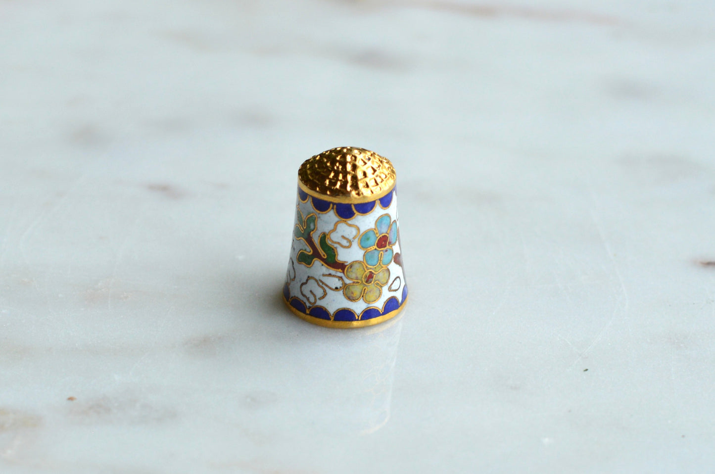 Vintage Chinese Cloisonné Enamel Thimble - Blue & Yellow Floral Design on White, Gold Tone Top, Collectible Sewing Notion