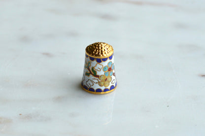 Vintage Chinese Cloisonné Enamel Thimble - Blue & Yellow Floral Design on White, Gold Tone Top, Collectible Sewing Notion