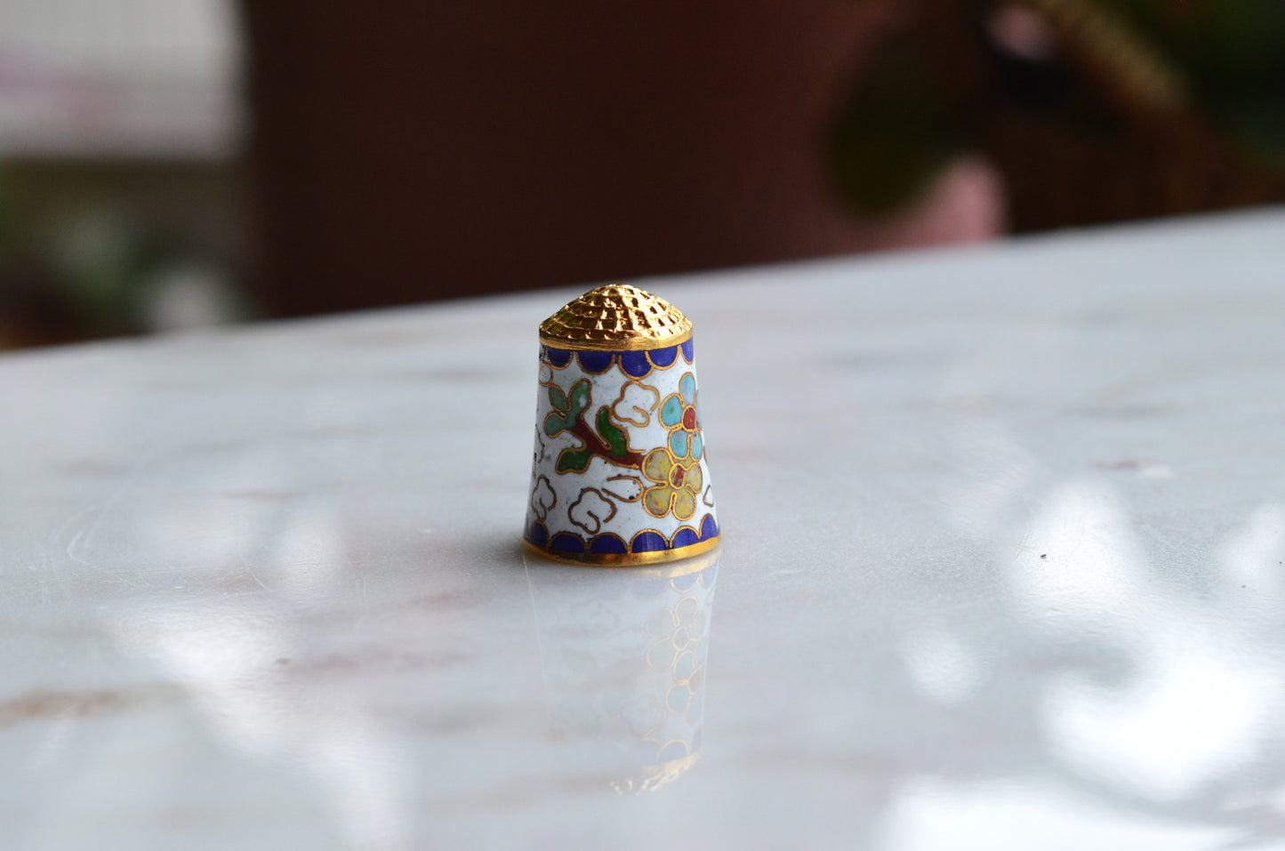 Vintage Chinese Cloisonné Enamel Thimble - Blue & Yellow Floral Design on White, Gold Tone Top, Collectible Sewing Notion