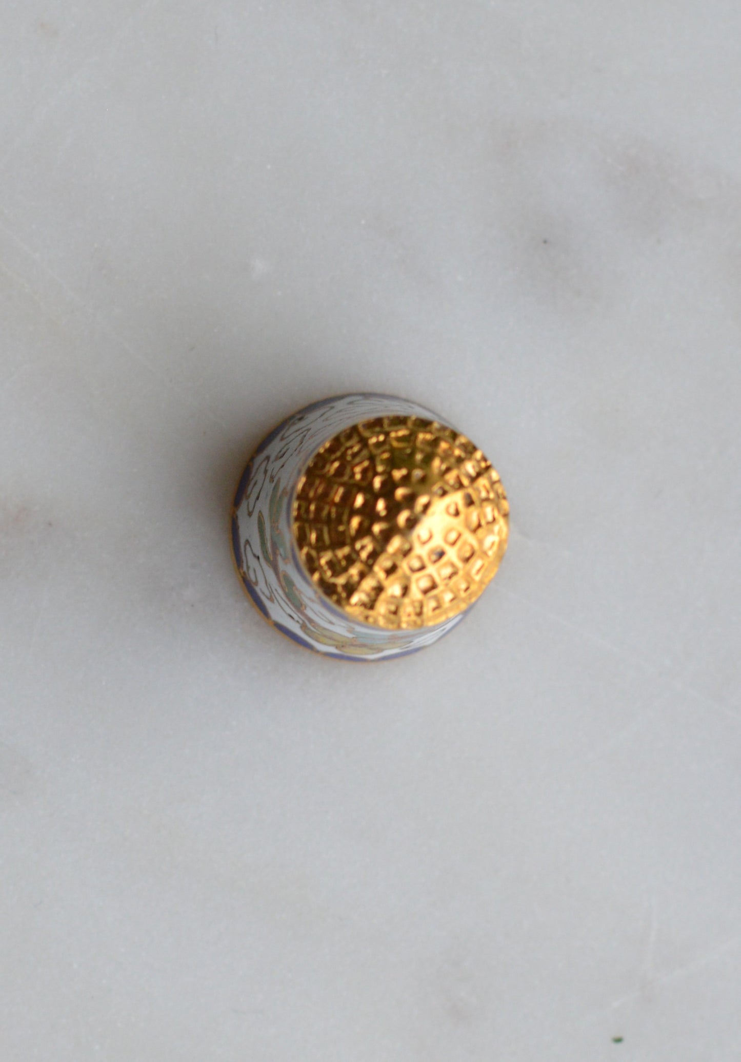 Vintage Chinese Cloisonné Enamel Thimble - Blue & Yellow Floral Design on White, Gold Tone Top, Collectible Sewing Notion