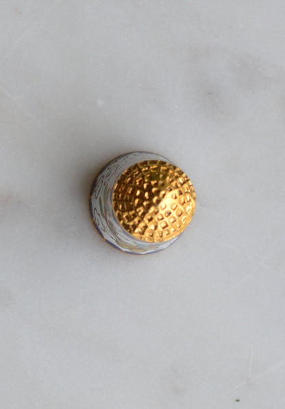 Vintage Chinese Cloisonné Enamel Thimble - Blue & Yellow Floral Design on White, Gold Tone Top, Collectible Sewing Notion