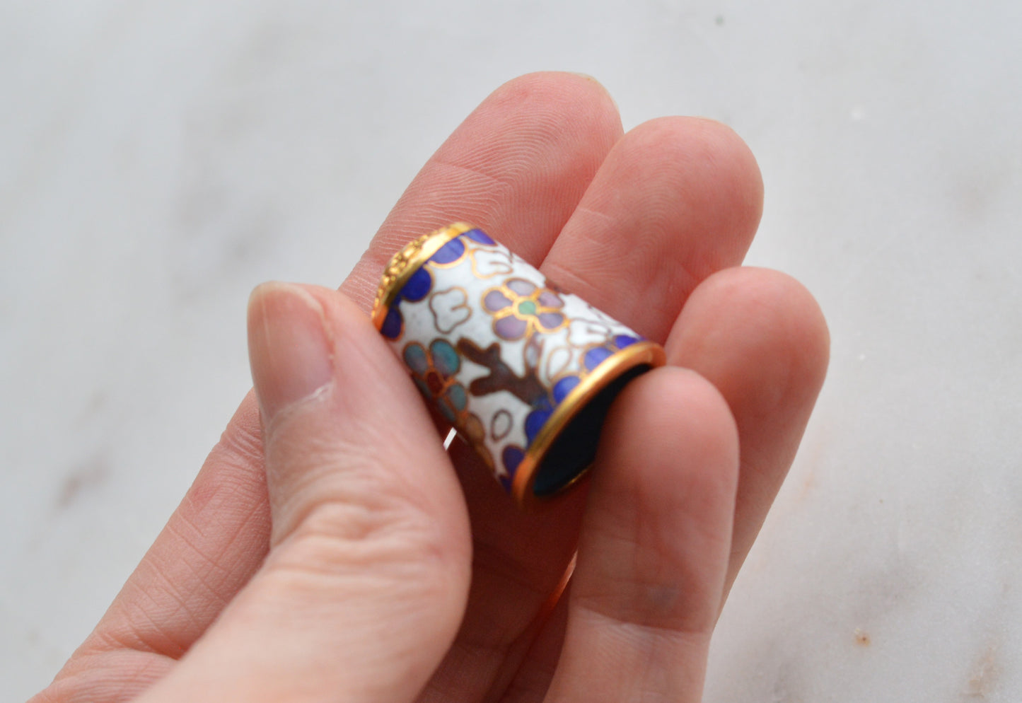 Vintage Chinese Cloisonné Enamel Thimble - Blue & Yellow Floral Design on White, Gold Tone Top, Collectible Sewing Notion