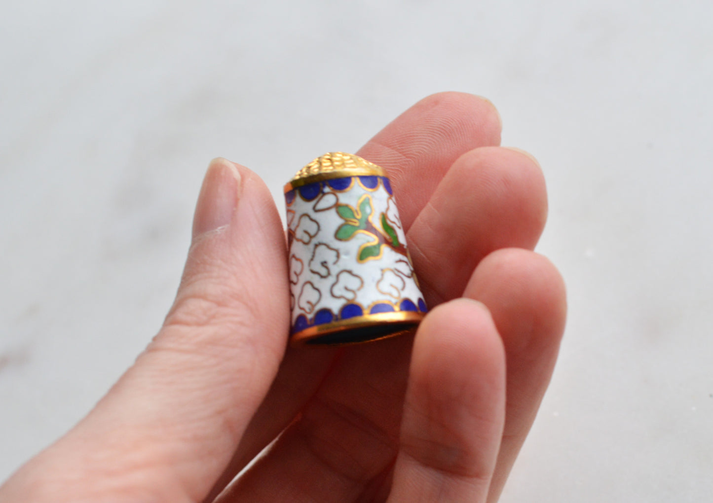 Vintage Chinese Cloisonné Enamel Thimble - Blue & Yellow Floral Design on White, Gold Tone Top, Collectible Sewing Notion