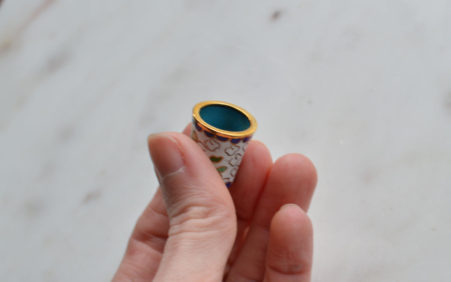 Vintage Chinese Cloisonné Enamel Thimble - Blue & Yellow Floral Design on White, Gold Tone Top, Collectible Sewing Notion