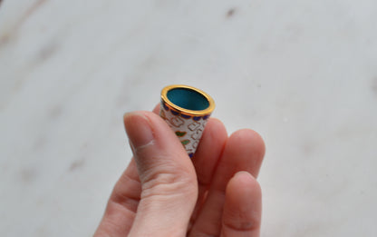 Vintage Chinese Cloisonné Enamel Thimble - Blue & Yellow Floral Design on White, Gold Tone Top, Collectible Sewing Notion