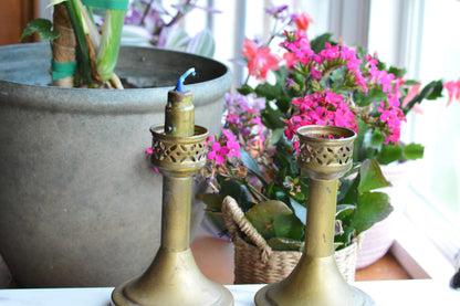 Antique Victorian Spring-Loaded Brass Candlesticks - Pair of Functional "Eternal" Candle Holders with Filigree Crowns - c. 1890-1915
