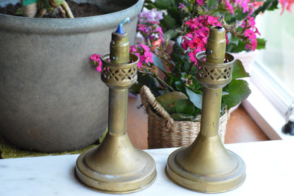 Antique Victorian Spring-Loaded Brass Candlesticks - Pair of Functional "Eternal" Candle Holders with Filigree Crowns - c. 1890-1915