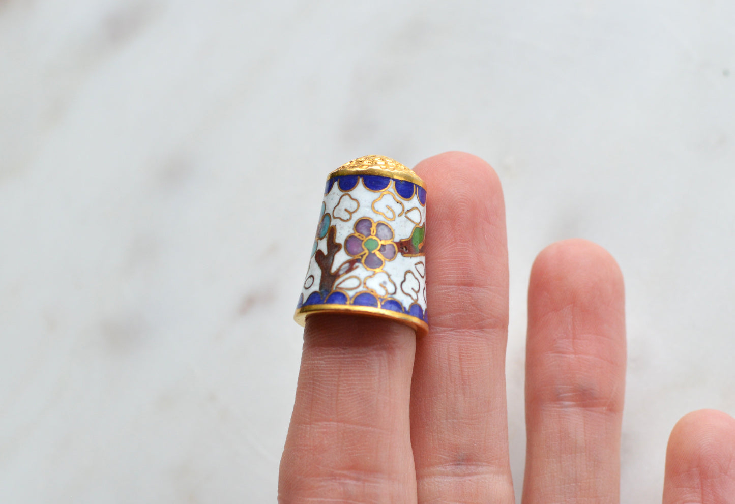 Vintage Chinese Cloisonné Enamel Thimble - Blue & Yellow Floral Design on White, Gold Tone Top, Collectible Sewing Notion