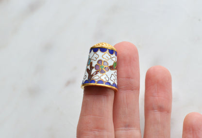 Vintage Chinese Cloisonné Enamel Thimble - Blue & Yellow Floral Design on White, Gold Tone Top, Collectible Sewing Notion