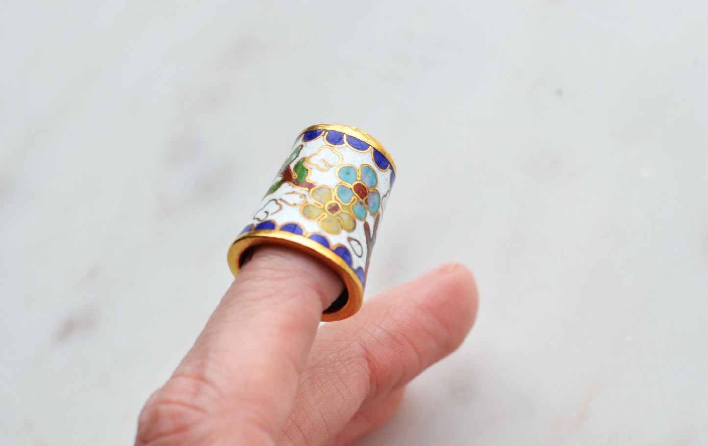 Vintage Chinese Cloisonné Enamel Thimble - Blue & Yellow Floral Design on White, Gold Tone Top, Collectible Sewing Notion