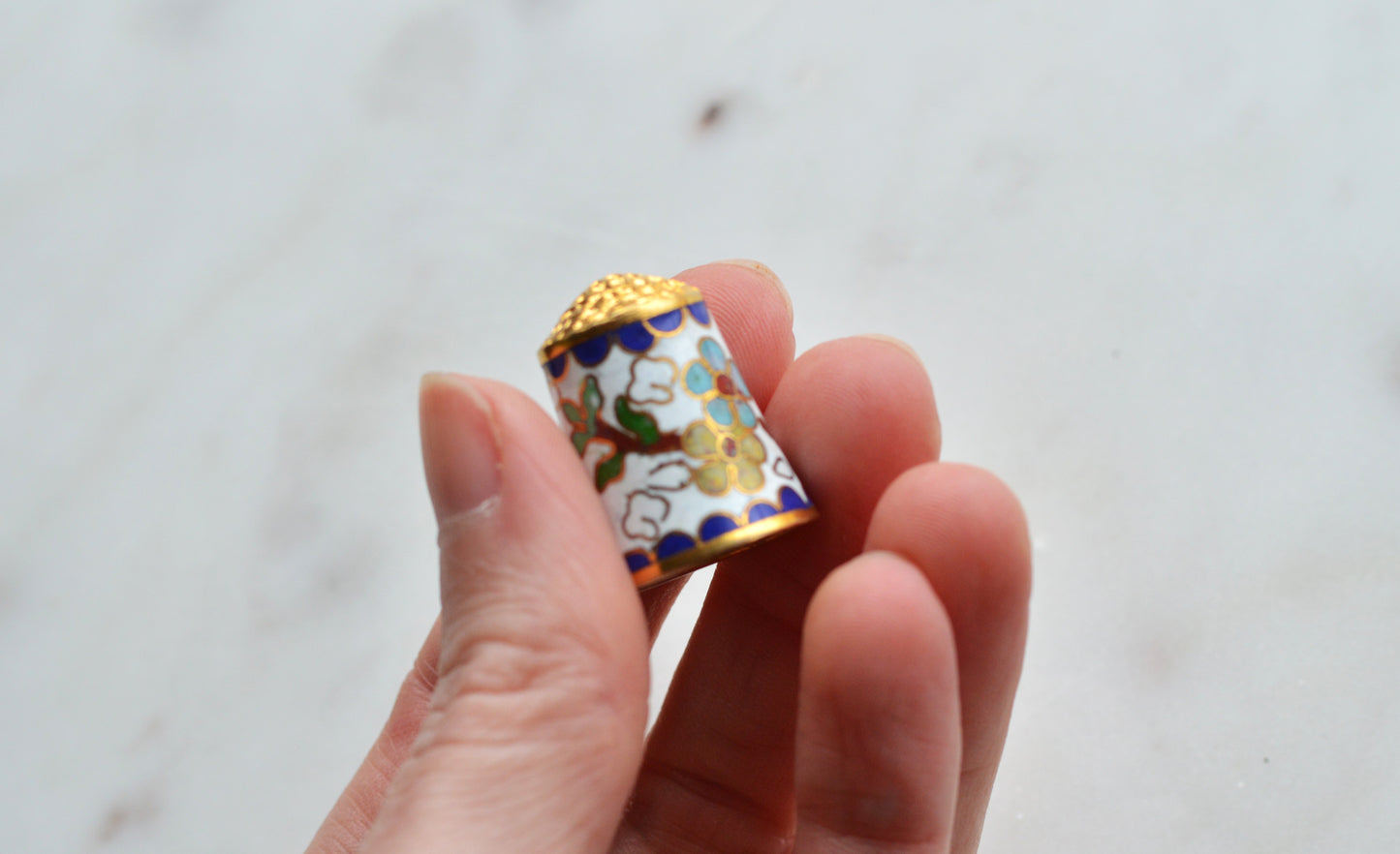 Vintage Chinese Cloisonné Enamel Thimble - Blue & Yellow Floral Design on White, Gold Tone Top, Collectible Sewing Notion