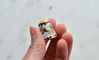 Vintage Chinese Cloisonné Enamel Thimble - Blue & Yellow Floral Design on White, Gold Tone Top, Collectible Sewing Notion