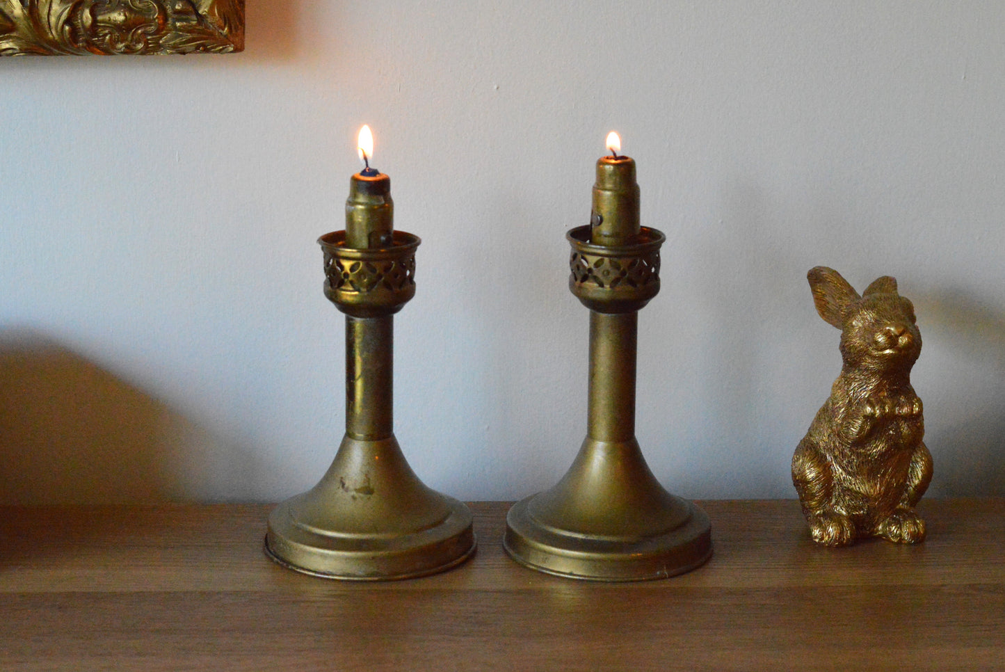 Antique Victorian Spring-Loaded Brass Candlesticks - Pair of Functional "Eternal" Candle Holders with Filigree Crowns - c. 1890-1915