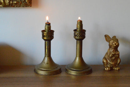 Antique Victorian Spring-Loaded Brass Candlesticks - Pair of Functional "Eternal" Candle Holders with Filigree Crowns - c. 1890-1915