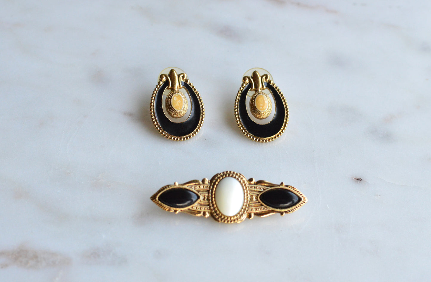 Vintage 1928 Jewelry Co. Set - Victorian Revival Gold Tone Brooch & Post Earrings with Faux Onyx and Pearl Accents