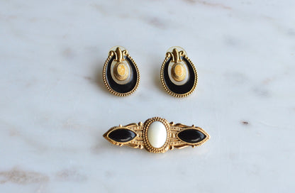 Vintage 1928 Jewelry Co. Set - Victorian Revival Gold Tone Brooch & Post Earrings with Faux Onyx and Pearl Accents