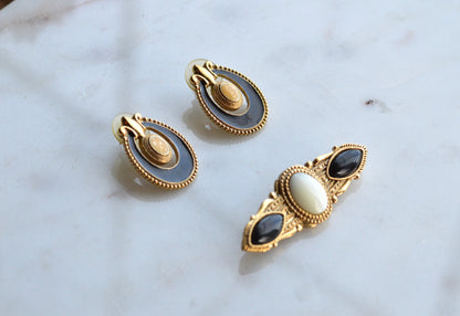 Vintage 1928 Jewelry Co. Set - Victorian Revival Gold Tone Brooch & Post Earrings with Faux Onyx and Pearl Accents