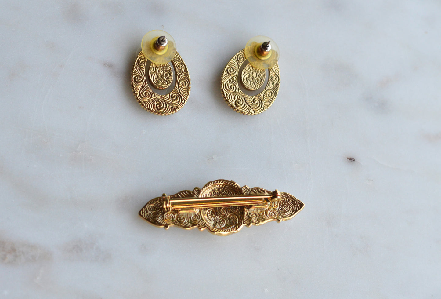 Vintage 1928 Jewelry Co. Set - Victorian Revival Gold Tone Brooch & Post Earrings with Faux Onyx and Pearl Accents