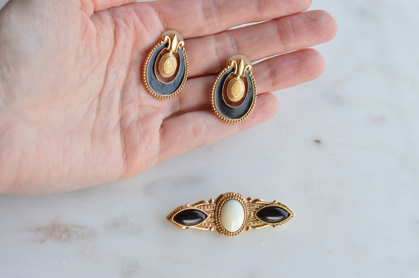 Vintage 1928 Jewelry Co. Set - Victorian Revival Gold Tone Brooch & Post Earrings with Faux Onyx and Pearl Accents