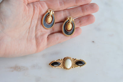 Vintage 1928 Jewelry Co. Set - Victorian Revival Gold Tone Brooch & Post Earrings with Faux Onyx and Pearl Accents