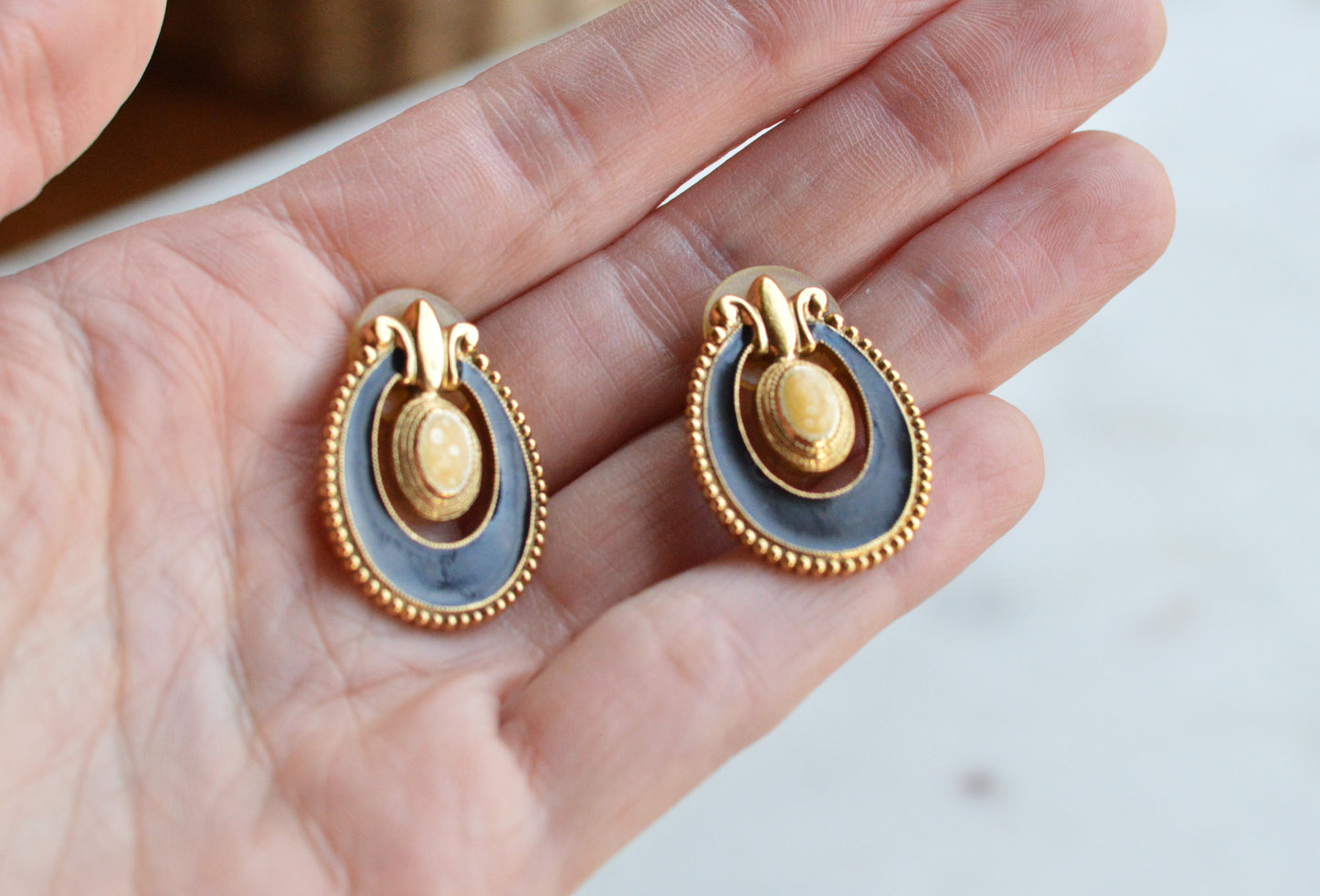 Vintage 1928 Jewelry Co. Set - Victorian Revival Gold Tone Brooch & Post Earrings with Faux Onyx and Pearl Accents