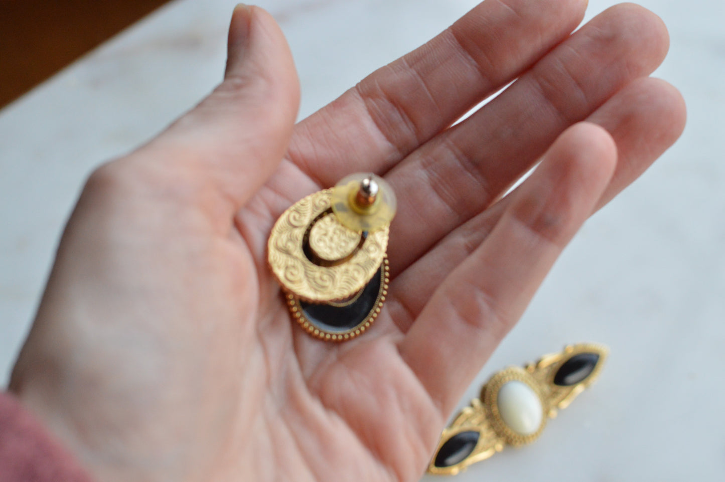 Vintage 1928 Jewelry Co. Set - Victorian Revival Gold Tone Brooch & Post Earrings with Faux Onyx and Pearl Accents