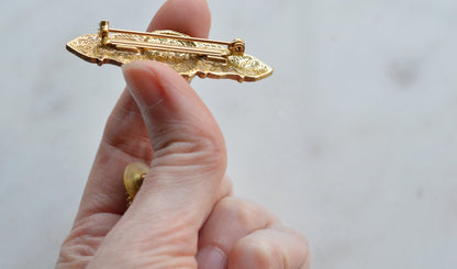 Vintage 1928 Jewelry Co. Set - Victorian Revival Gold Tone Brooch & Post Earrings with Faux Onyx and Pearl Accents
