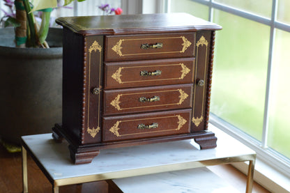 Vintage Hi-Mark Japan Wooden Jewelry Armoire – 10" Tall MCM 4-Drawer Chest with Gold Scrollwork & Dual Side Wings
