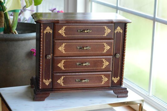 Vintage Hi-Mark Japan Wooden Jewelry Armoire – 10" Tall MCM 4-Drawer Chest with Gold Scrollwork & Dual Side Wings