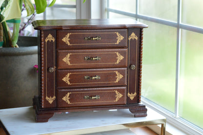 Vintage Hi-Mark Japan Wooden Jewelry Armoire – 10" Tall MCM 4-Drawer Chest with Gold Scrollwork & Dual Side Wings
