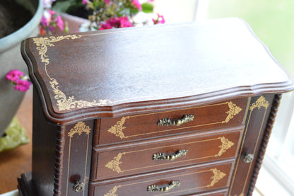 Vintage Hi-Mark Japan Wooden Jewelry Armoire – 10" Tall MCM 4-Drawer Chest with Gold Scrollwork & Dual Side Wings