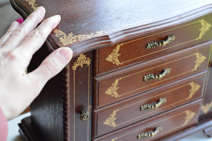 Vintage Hi-Mark Japan Wooden Jewelry Armoire – 10" Tall MCM 4-Drawer Chest with Gold Scrollwork & Dual Side Wings
