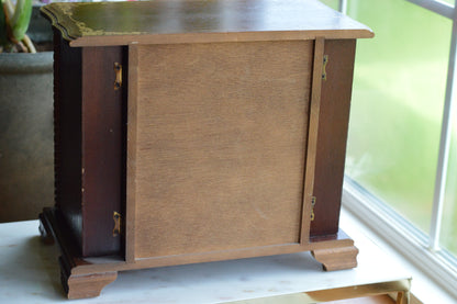 Vintage Hi-Mark Japan Wooden Jewelry Armoire – 10" Tall MCM 4-Drawer Chest with Gold Scrollwork & Dual Side Wings